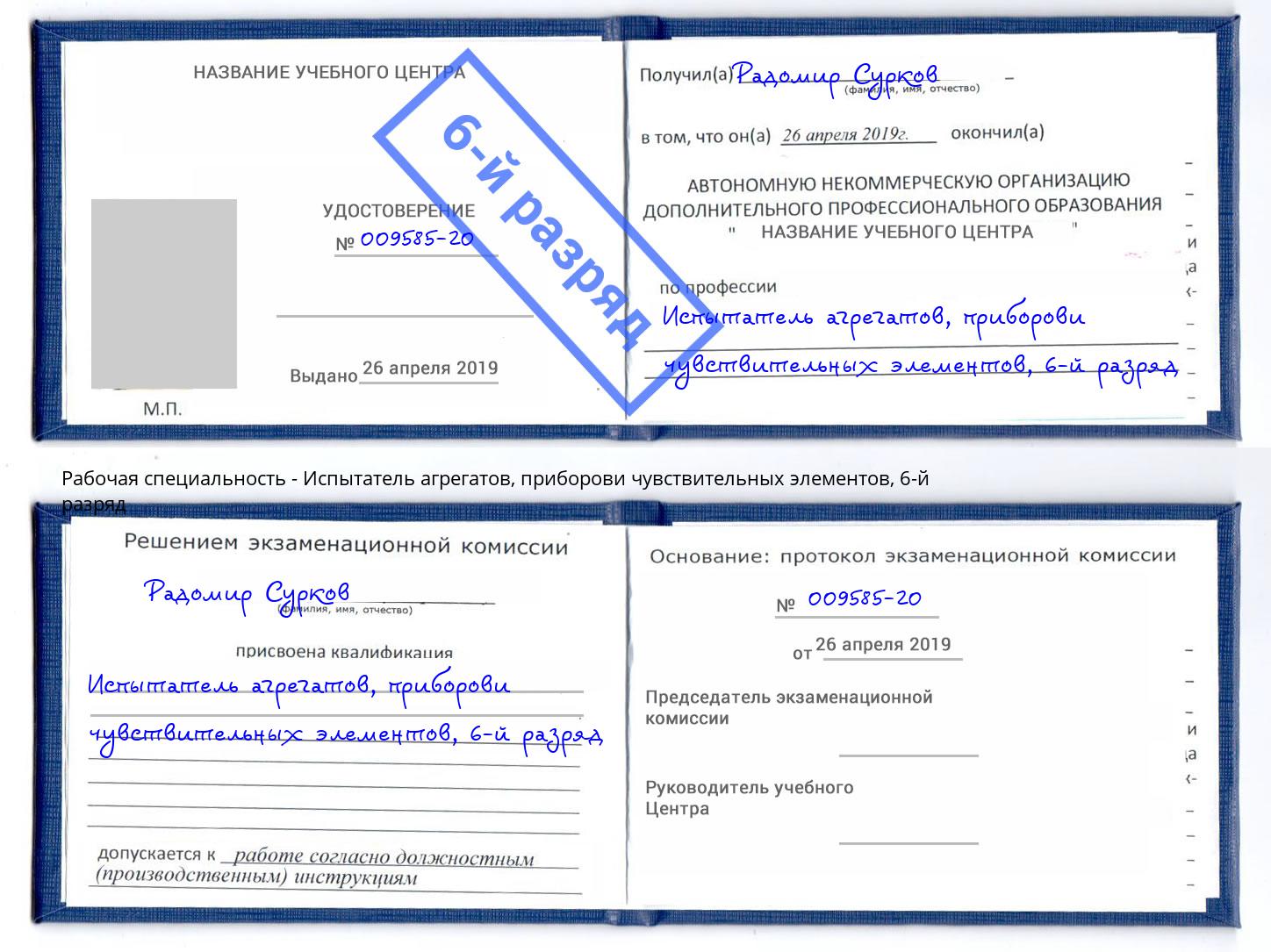 корочка 6-й разряд Испытатель агрегатов, приборови чувствительных элементов Сарапул