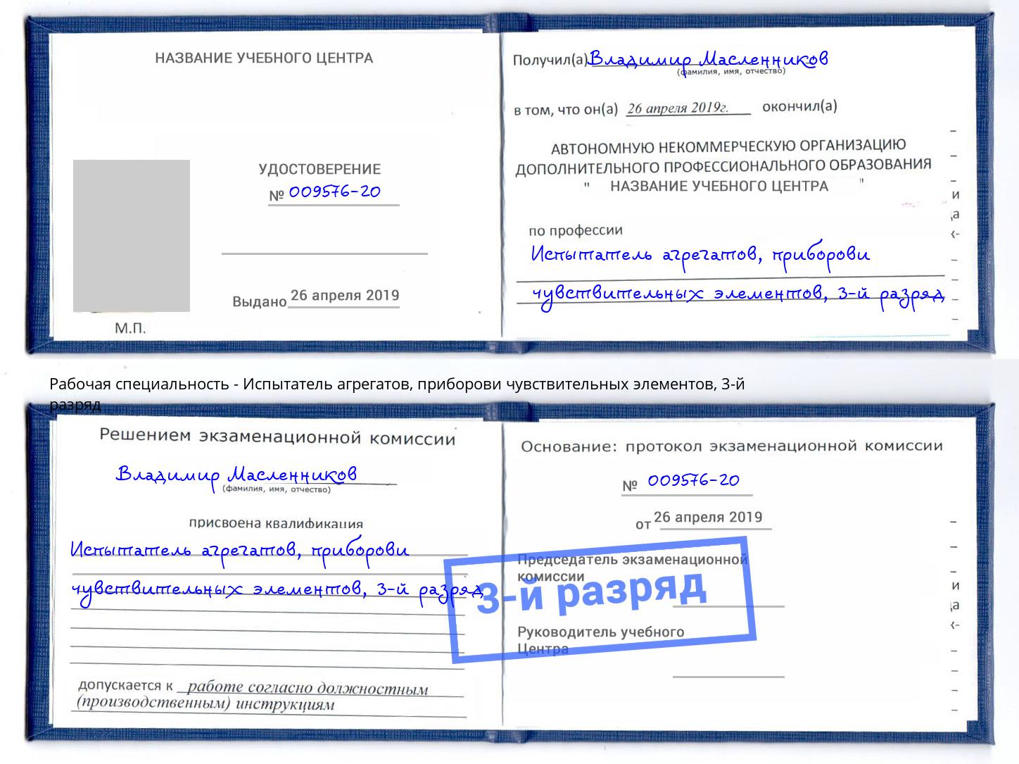 корочка 3-й разряд Испытатель агрегатов, приборови чувствительных элементов Сарапул