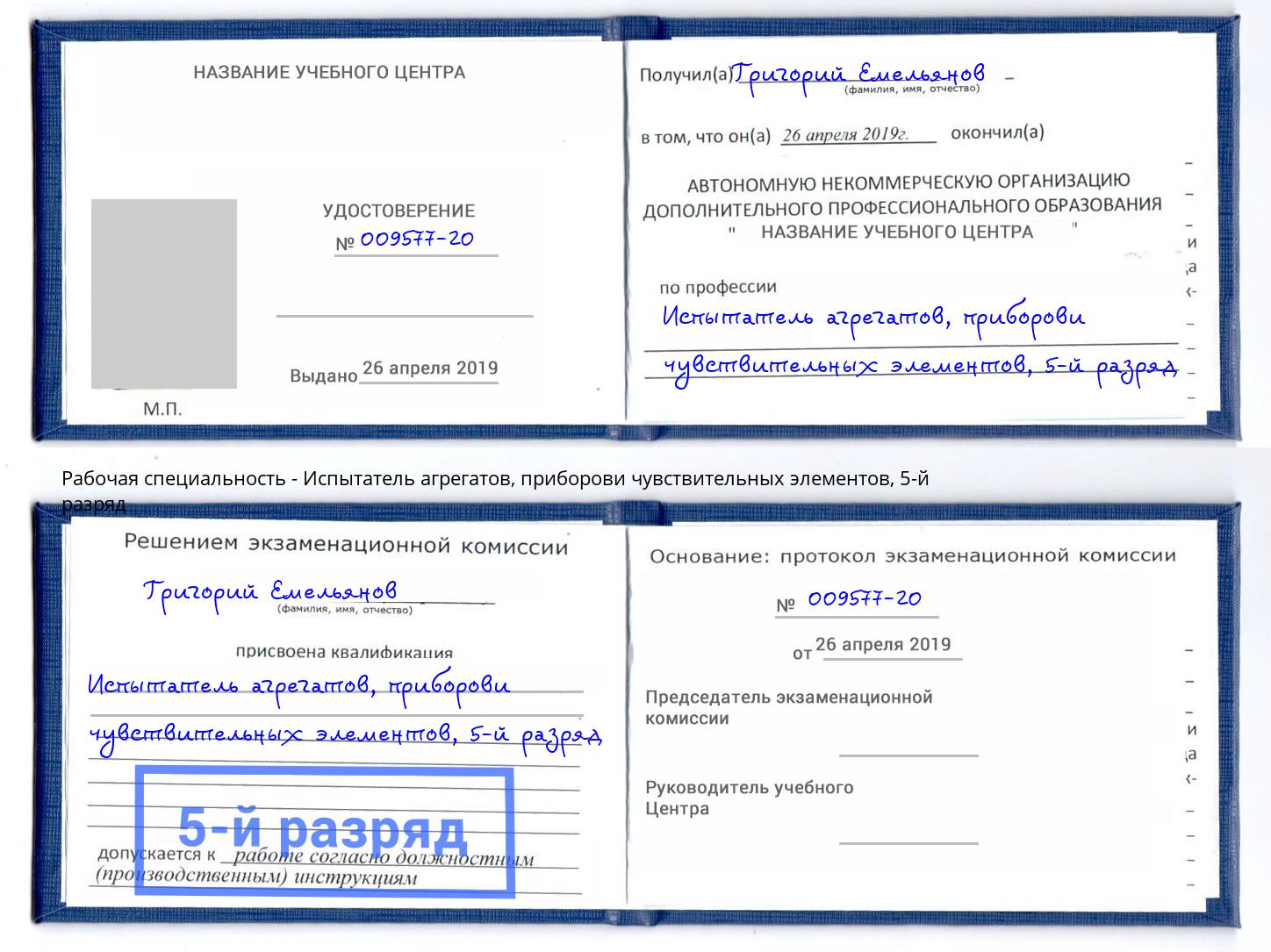 корочка 5-й разряд Испытатель агрегатов, приборови чувствительных элементов Сарапул