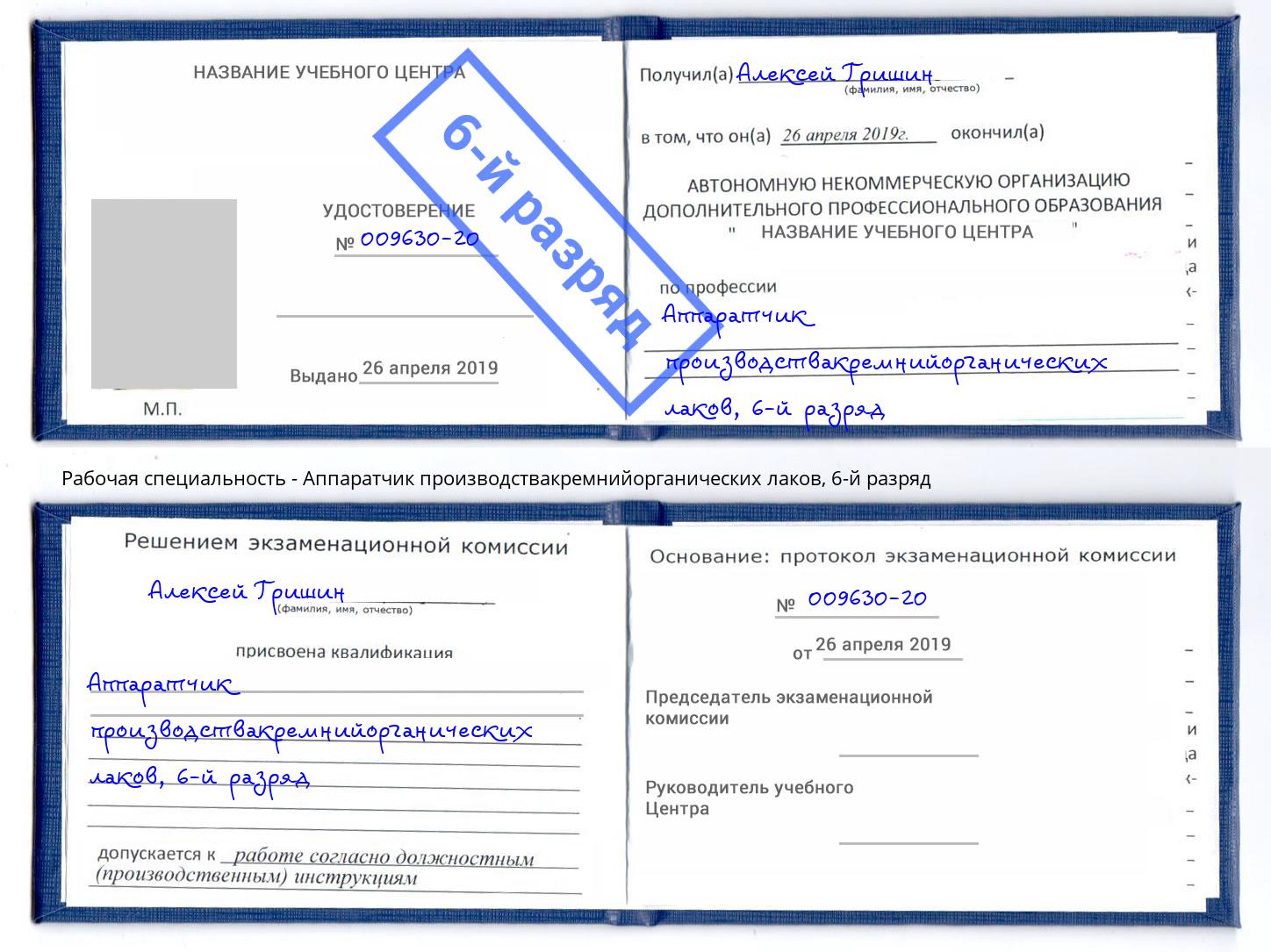 корочка 6-й разряд Аппаратчик производствакремнийорганических лаков Сарапул