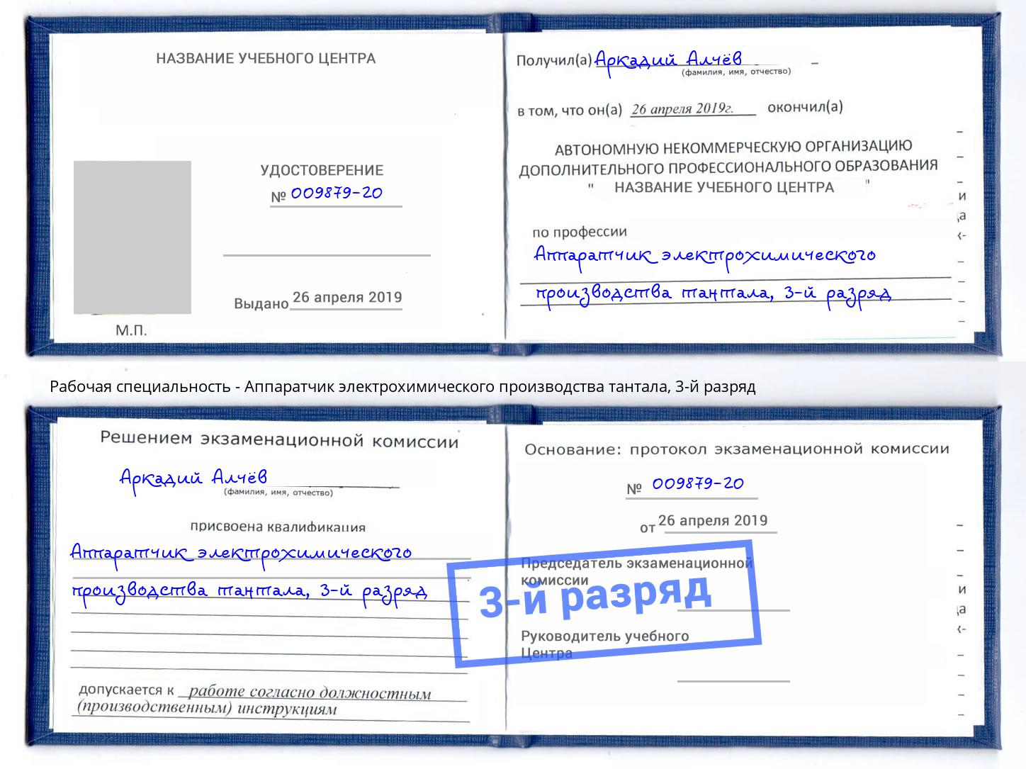 корочка 3-й разряд Аппаратчик электрохимического производства тантала Сарапул